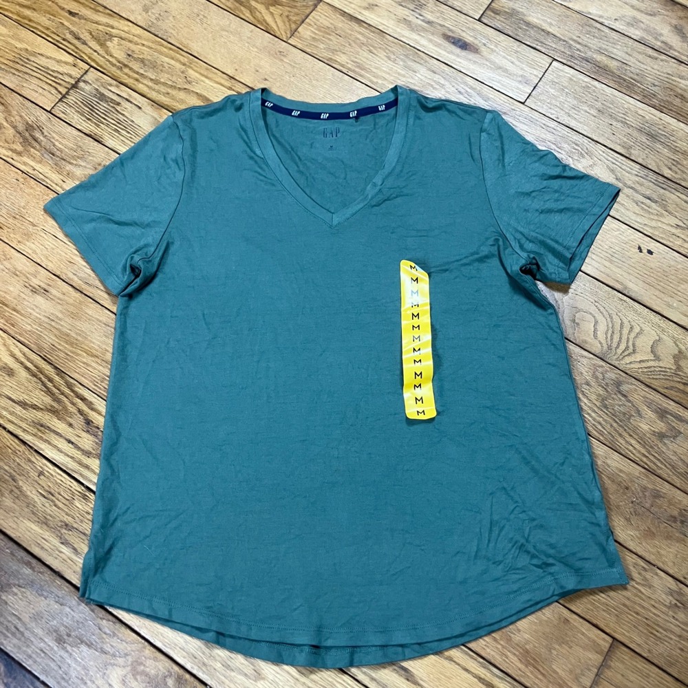 NEW Gap Womens V-Neck Short Sleeve T-Shirt Dark Green Rayon‎ Spandex Size M